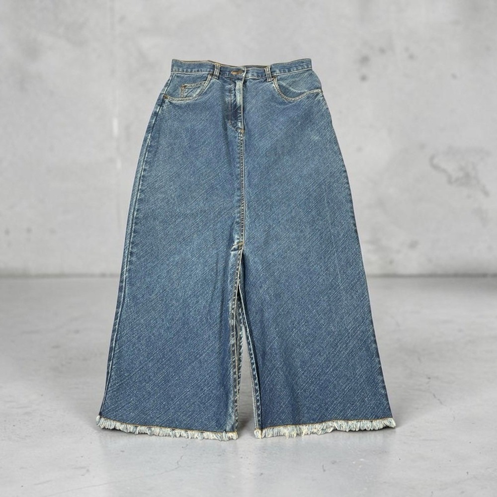 Bill Blass Jeans Maxi Skirt 27 Blue VTG 80s 90s Frayed Hem Slit Grunge Western